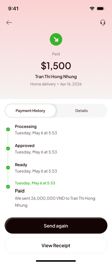 Giao dịch Paid — theo dõi Processing đến Paid